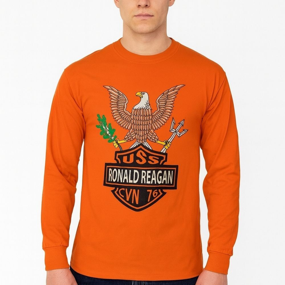 US Navy Shirt USS Ronald Reagan T-Shirt Men's S Orange L/S USN CVN 76 Pullover T